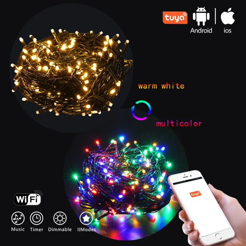 Luz de exterior inalámbrica que cambia de color, blanca cálida, Control por aplicación Wifi, cadena de luces navideñas con música