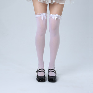 Lolita Thigh High Stockings 15D Thin Transparent Lace Trimmed Women's Spring Summer Solid Color Polyester Fiber - Product Image 4