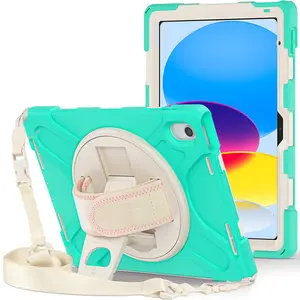 Full Body Silicone Case With Built In Screen For IPad 10th Generation 10.9 Inch 2022 Built In 360 Rotate Kickstand Shoulder Belt