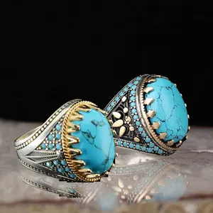 Europa En Amerika Hot Selling Nieuwe Retro Mannen Twee-Tone Galvaniseren Ingelegd Turquoise Ringen Voor Mannen Turkse