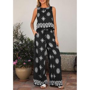 FOXA Women's 2 Piece Boho Tank Top Wide Leg <b>Pants</b> Set <b>Summer</b> Breathable Cotton Bamboo Fiber Lounge Travel Beach Outfits - Product Image 2