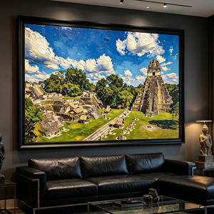 Pintura al Óleo Art Deco sobre Lienzo que Representa las Antiguas Ruinas <span class=keywords><strong>de</strong></span> <span class=keywords><strong>Tikal</strong></span>, <span class=keywords><strong>Guatemala</strong></span>. La selva tropical rodea los templos <span class=keywords><strong>de</strong></span> piedra mayas, y la luz del sol se desvanece. - Product Image 3