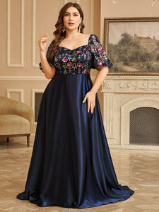 Robe de soirée de grande taille, <span class=keywords><strong>coupe</strong></span> aléatoire, luxueuse, col cœur, manches bouffantes, bleu, sequins brodés, ourlet en satin contrasté - Product Image 4