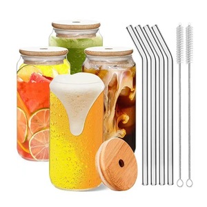 12oz 16oz Sublimation personnalisée canette de bière en verre borosilicaté tasse et tasse à boire en verre avec couvercle en <span class=keywords><strong>bambou</strong></span> et paille - Product Image 2