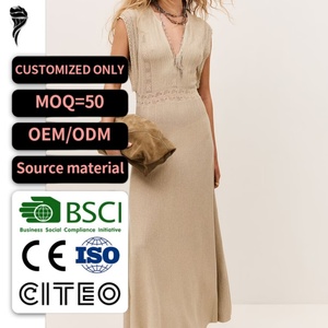 Vestido Maxi de Punto Beige para Mujer, Vestido con Cuello en V y Manga Corta con Detalle de Encaje - Product Image 2