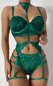 European American Sexy Neck Garter Belt Factory Direct Light Control Level Three Piece Lace <b>Perspective</b> Women's Underwear Set - Product Image 1