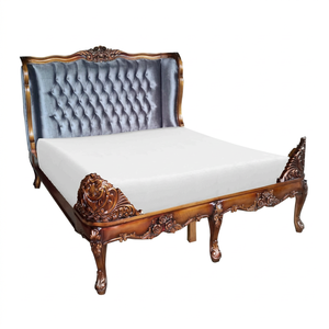 French Luxury Antique Design <b>Queen</b> <b>Size</b> Mahogany Solid Wood <b>Bed</b> <b>Frame</b> Hand Carved Rococo Carving Velvet Upholstered Tufted Knock - Product Image 1