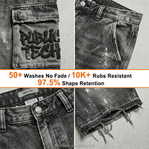 Shorts en jean cargo vintage personnalisés noirs déchirés avec logo imprimé et ourlet brut style Hip Hop pour hommes – Fabricant de vêtements - Product Image 2