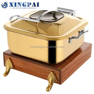 XINGPAI five star hotel in acciaio inox nuovo design scaldavivande quadrato oro chaffing piatto con base in legno sapele