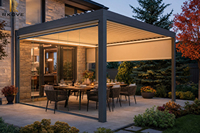 Pergola Kaca Aluminium dengan 2 Tirai ZIP Privasi |   Sistem Penutup Teras Terpasang di Dinding 4x7m RK-C2 Bangunan Taman