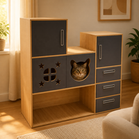 Armoire multifonctionnelle pour chat avec enclos pour litière, 3 tiroirs et maisonnette pour chat |   Bois multicouche 120x40x120cm
