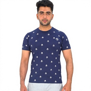 <b>Men's</b> Navy Blue <b>Skull</b> Printed Short Sleeve O-Neck T-<b>Shirt</b> Regular Fit Casual Wear 100% Cotton Knitted Breathable Design - Product Image 1