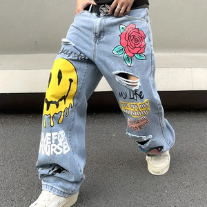 Jeans <span class=keywords><strong>en</strong></span> denim imprimé graffiti Y2K personnalisés pour hommes, streetwear, coupe ample, délavés, déchirés, style décontracté - Product Image 3