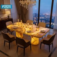 Table à manger en onyx jaune translucide de luxe, table moderne en pierre rétroéclairée, plateau en marbre pour 6 à 8 personnes, mobilier de villa et d'hôtel