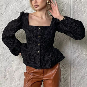 Chemise de bureau haut de gamme en jacquard de style français pour femmes, à col carré, à <span class=keywords><strong>manches</strong></span> <span class=keywords><strong>bouffantes</strong></span>, anti-boulochage, vintage, printemps, Y00498 - Product Image 3