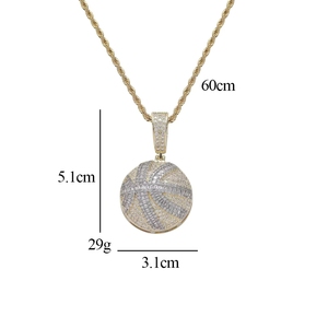 Collier pendentif Hip Hop Zircon Basketball en laiton plaqué or 18 carats avec chaîne corde de 60 cm, bijoux sportifs pour femmes et hommes - Product Image 2