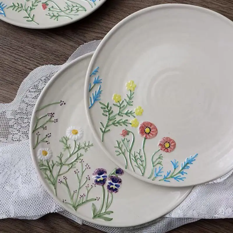 Japanese embossed daisy flower ceramic dinner plate ins hand painted retro dessert cake plate