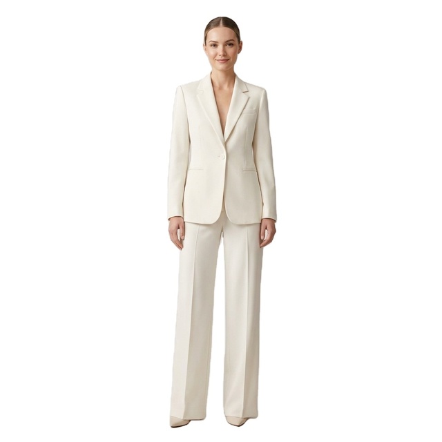 Tailored Blazer Suit Set Women Notched Lapel Wide Leg Trousers 260GSM 55% Wool 45% Polyester Anti Wrinkle All Seasons Ivory S-5X