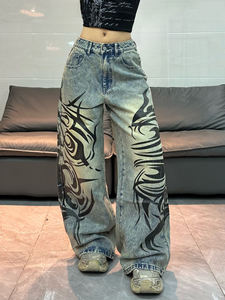 Jean en denim taille haute pour <span class=keywords><strong>femme</strong></span>, brodé sur mesure, délavé vintage, coupe baggy droite évasée - Product Image 4