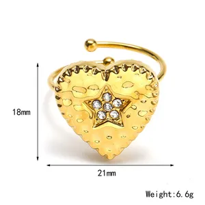 Anello Aperto Regolabile in Acciaio Inossidabile con Cuore <span class=keywords><strong>Martellato</strong></span> e Stella di Cristallo, Gioielli di Moda per Donne - Product Image 5