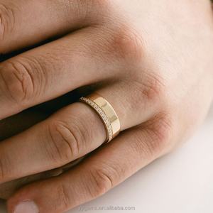 Yu Ying Custom 18K Solid Gold Flat Style <b>Band</b> Offset Halfway Pave VVS Moissanite Diamonds Wide <b>Band</b> Fine Jewelry <b>Rings</b> <b>Band</b> - Product Image 6