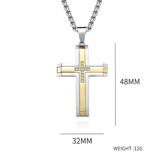 Unisex Black Gold Two-tone Stainless Steel Punk Zircon CZ Stones Geometric Cross Pendant Dainty Chain <strong>Necklace</strong> For Men - Product Image 6