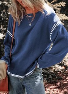 Femmes hiver décontracté mode câble tricot pull pull haut couleur unie col rond avec lâche manches longues contraste tricot - Product Image 2