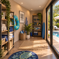 Cabine de jardin pour la détente au bord de la piscine, espace privé lumineux avec intérieur facile d'entretien et design résistant aux intempéries