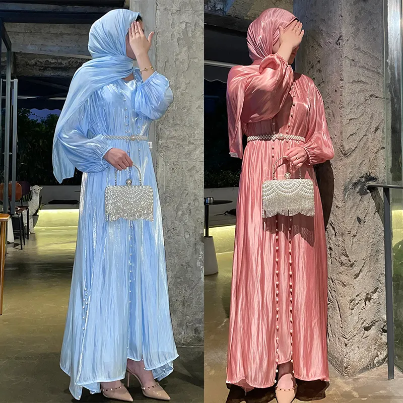 Perla personalizada 3 piezas conjunto seda satén abaya vestido perla cinturón kaftan largo mujeres hijab abierto abaya perlas en ambos lados