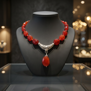 Collar de cuentas de coral rojo Art Palace con colgante de plata en forma de gota de agua, joyería religiosa vintage para mujer, estilo Rajasthan, para uso diario. - Product Image 3