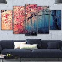 Affiche murale moderne avec fleurs de cerisier, toile imprimée Hd, 5 pièces, décoration d'images, arbres rouges, peinture de forêt