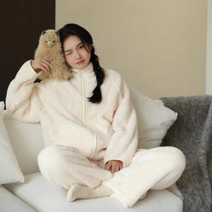 Conjuntos de pijama de Invierno para mujer, sólido, cálido, grueso, manga larga, con cremallera, forro polar Coral, ropa de dormir cómoda, cintura elástica, holgada, suave, elegante, nuevo - Product Image 1