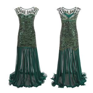 Evening Dress Long Gown Boat Neck Empire Waist <b>Sequins</b> Beads Mesh Vintage Translucent Sheer Layer Party Dinner Wear - Product Image 3
