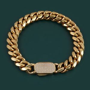 Cadena Cubana Personalizada de Acero Inoxidable con Baño de Oro PVD de 18K, Estilo Hip Hop, Pulseras de Eslabones Cubanos Miami con Cierre de Botón CZ Iced Out - Product Image 1