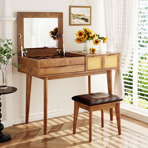 Classic Wood <b>Makeup</b> Vanity Set 43.3 In With Flip Top Mirror And Stool Dressing <b>Table</b> Three Drawers Storage Brown - Product Image 2