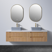 Meuble-lavabo mural double bleu avec vasques, armoire de salle de bain en bois cannelé et miroir double intégré