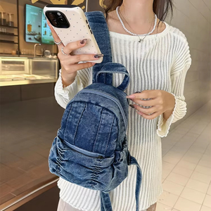 Venta caliente estilo universitario elegante viaje mochila ocio duradero plicado lavado envejecido Denim Mini mochila diaria - Product Image 1