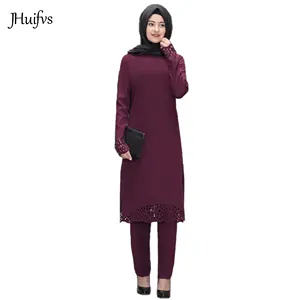 2020 Spring New Stylish Middle East Islamic Clothing Muslim Women Long Sleeve Unlined Crepe Tunic Pants 2 Piece Suit