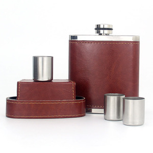 Whisky <span class=keywords><strong>Alcool</strong></span> Flacons De Hanche En Acier Inoxydable Flagon En Cuir Whisky Vin Buveur Tour Liqueur Drinkware Hip Flacon Avec Tasse Ensemble - Product Image 4