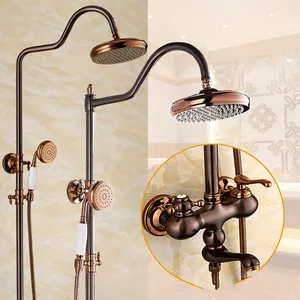 Antique Pure Copper Three Function Rose Gold Exposed Shower Faucet Mixer For Bathroom, Rain Shower Faucet Set with Hand Shower