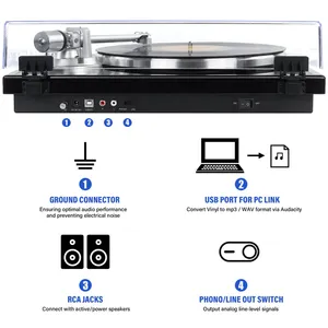 Tourne-disque à courroie pour lecteur de disques vinyles, sortie Bluetooth, préampli phono intégré, sortie numérique USB, 33/45 tours par minute - Product Image 2