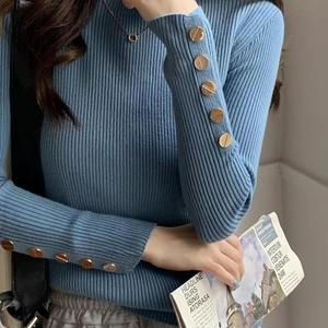 Venda quente Camisa Base Mid Neck para Mulheres, Tendência Elegante Cor Sólida Nova Outerwear Malha Semi Gola Alta Manga Comprida - Product Image 1
