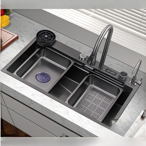 Évier de cuisine multifonctionnel en acier inoxydable noir gaufré nid d'abeille avec deux paniers, facile à nettoyer et durable - Product Image 1