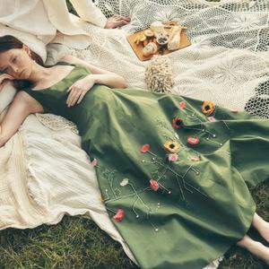 Women's Casual Midi <b>Dress</b> Floral Embroidery Sleeveless <b>with</b> Round Neck & <b>Pockets</b> Sweet Style Natural Waistline Woven Washable - Product Image 6