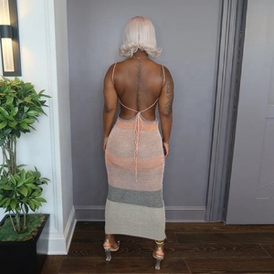 <span class=keywords><strong>Abito</strong></span> Midi Estivo con Spalline Sottili a Contrasto, Vestito Sexy Lavorato a <span class=keywords><strong>Maglia</strong></span> con <span class=keywords><strong>Schiena</strong></span> <span class=keywords><strong>Scoperta</strong></span> per Donna, Abbigliamento da Resort - Product Image 2