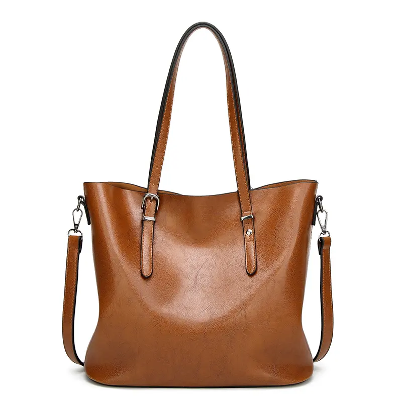 2020 New Design Vintage Brown Women Oil Wax PU Leather Tote HandBag Casual Shoulder Bag For Ladies