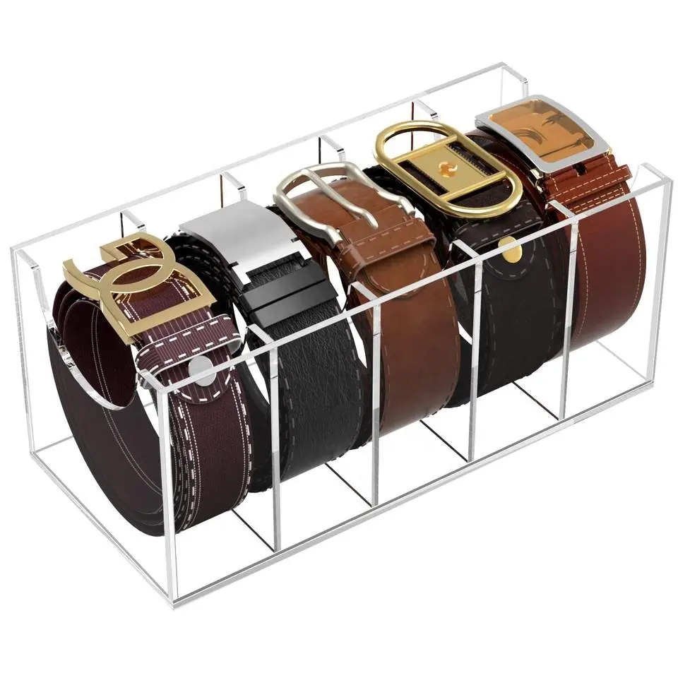 OEM Handmade Custom 5 Compartments Belt Display Case Acrylic Tie Storage Holder for Closet Organizer