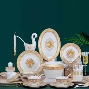 Peralatan makan keramik kontrak Eropa tepi emas pola mosaik keramik Tablewarefine tulang peralatan makan Set Cina