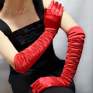 Sarung Tangan Pesta Lengan Panjang Wanita, Kerut Hitam Putih Satin Kain Mode Sarung Tangan Kecantikan untuk Pesta
