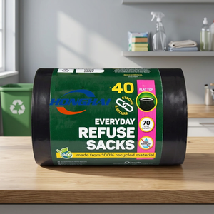 ถุงขยะ PE เกรดผู้รับเหมา แบบม้วน สีดำ ทนทาน ถุงขยะแบบรูปดาว HDPE/LDPE สำหรับใช้ในครัวเรือน พิมพ์ลายกราเวียร์ สำหรับใส่ขยะ - Product Image 1